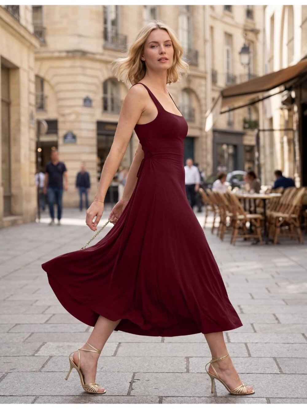 〽️Women's Red Square Neck Side Pocket Sleeveless Wedding Guest PartyMaxi Dress - Picture 3 of 6